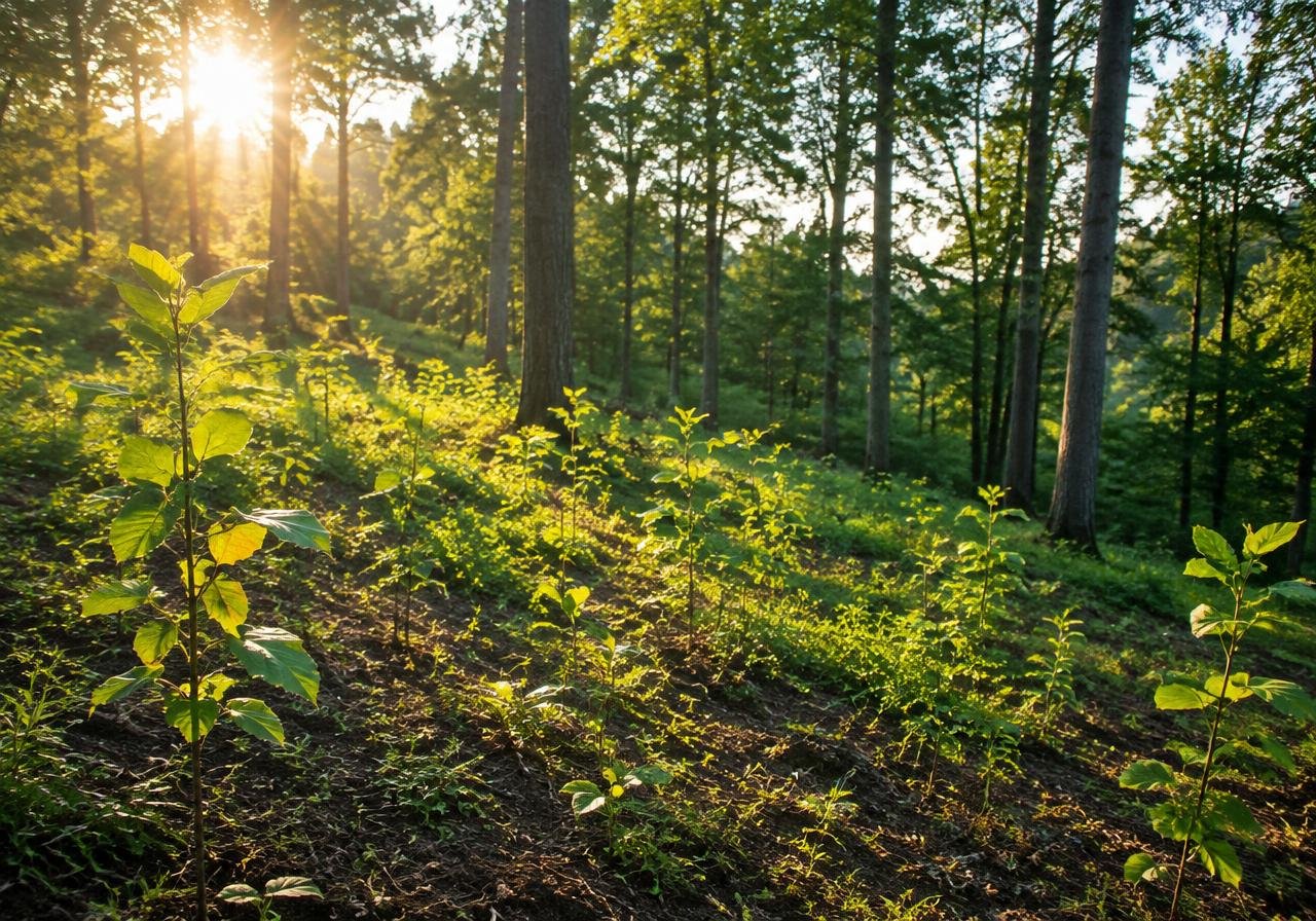 Sunlit forest with young saplings on a restored hillside