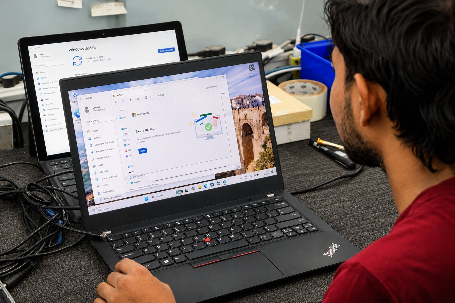 Deshwal technician assessing a refurbished laptop