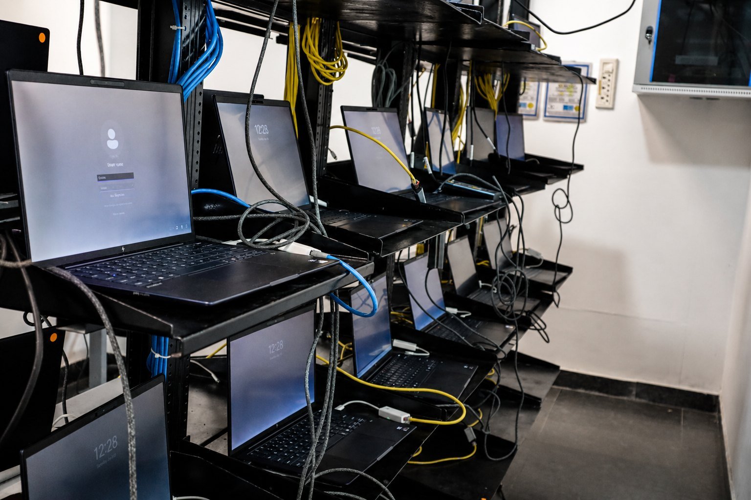 Laptops on testing racks in the Deshwal refurbishment facility