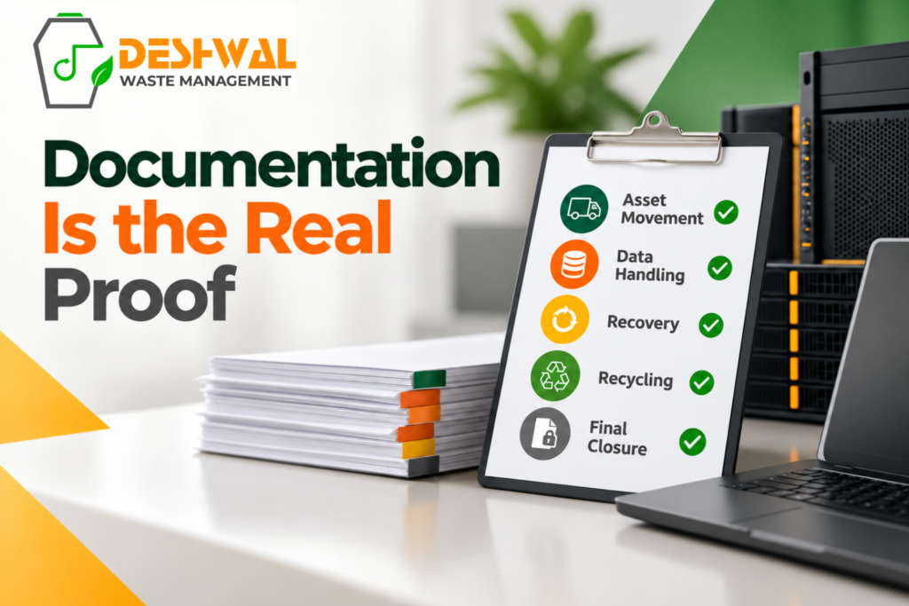 ITAD documentation checklist showing asset movement, data handling, recovery records, recycling proof and final closure reporting.