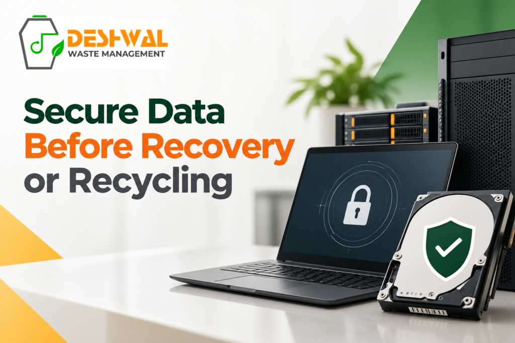 Secure IT asset retirement process showing data sanitisation before reuse, refurbishment, recovery or e-waste recycling.