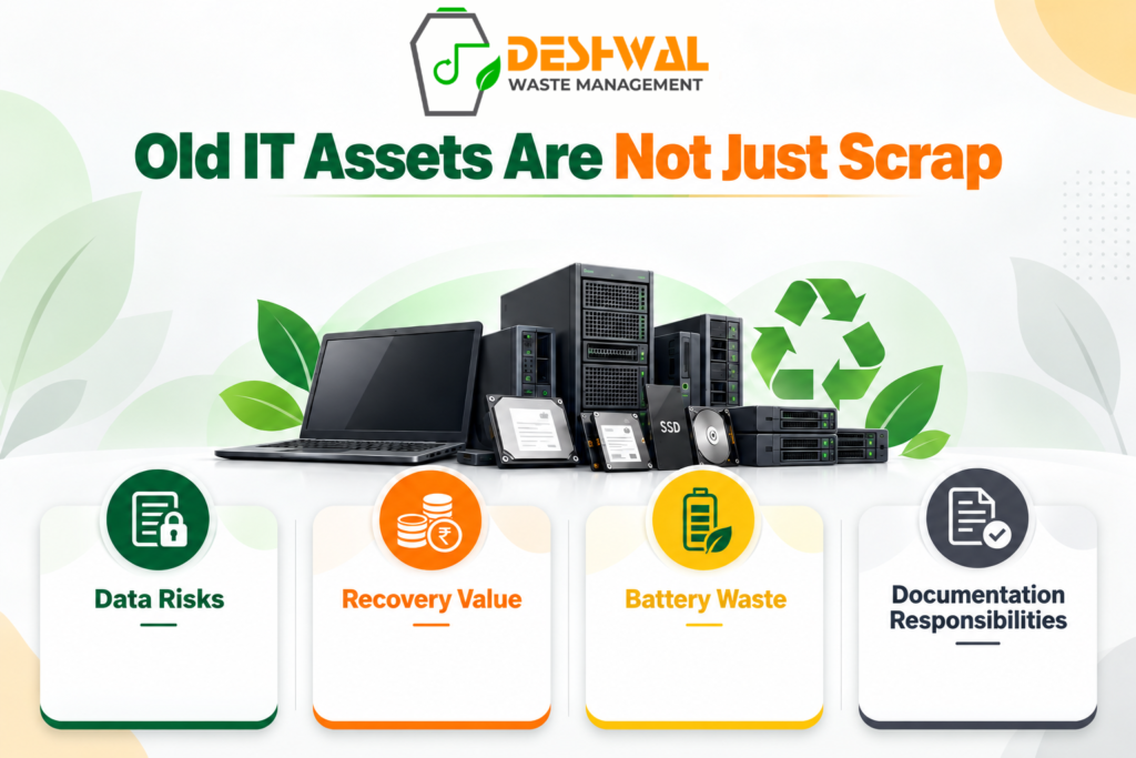 Retired enterprise IT assets including laptops, servers and storage devices showing data risk, recovery value, battery waste and documentation responsibilities.